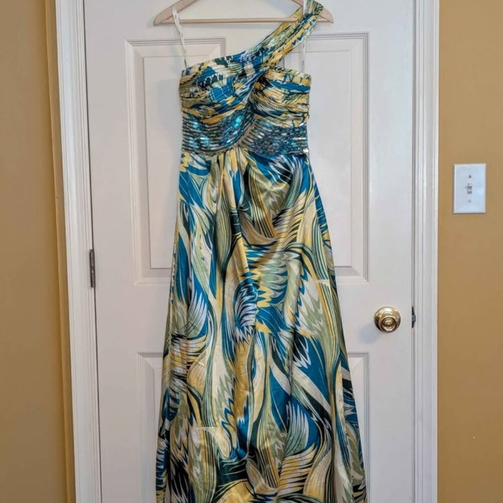 Riva‎ One Shoulder Evening Gown Size 8 Blue Green Yellow Sequin Empire Waist